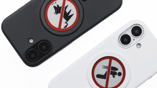 Black and white XTREM custom phone cases with warning icon designs on a minimal background.
