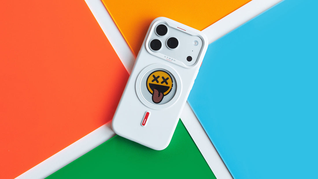 White XTREM instant custom phone case featuring a playful tongue-out emoji design on a colorful background.