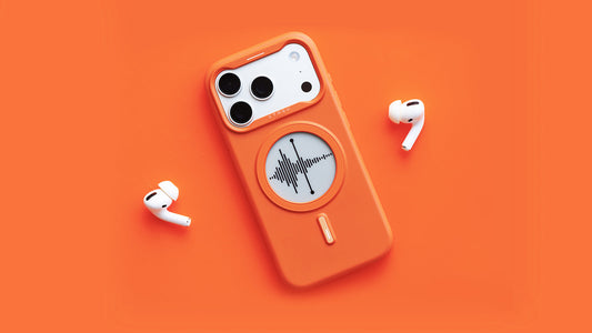 Orange XTREM instant custom phone case with a soundwave design placed with wireless earbuds.
