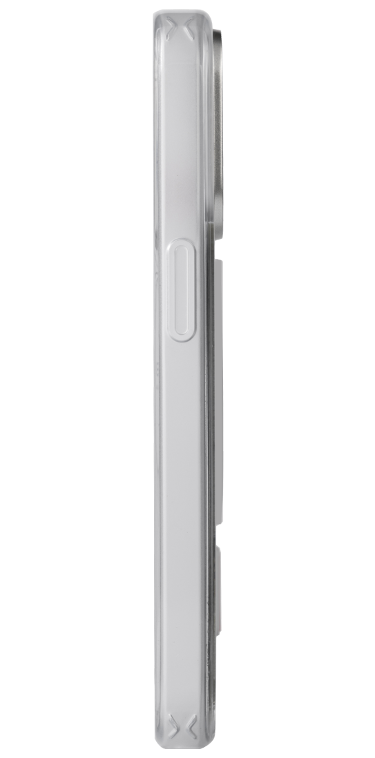 Side view of a smartphone with a clear case on a white background
