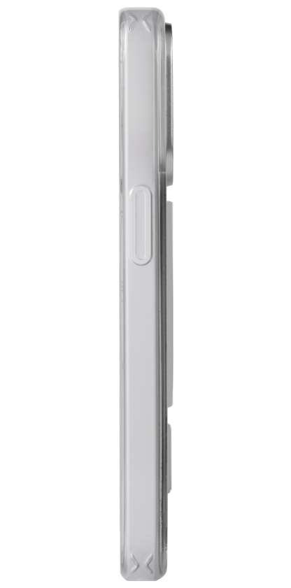 Side view of a smartphone with a clear case on a white background