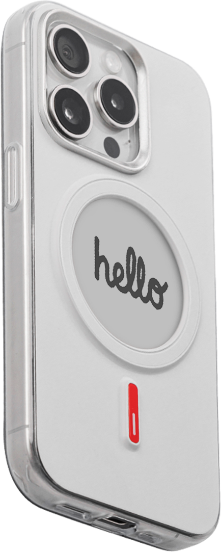 Phone case with 'hello' text and a red button on a white background