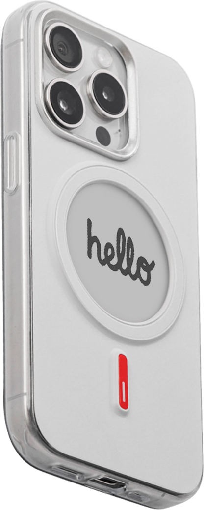 Phone case with 'hello' text and a red button on a white background