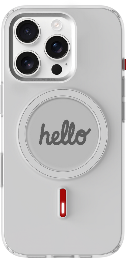 Phone case with 'hello' text and a red accent on a white background