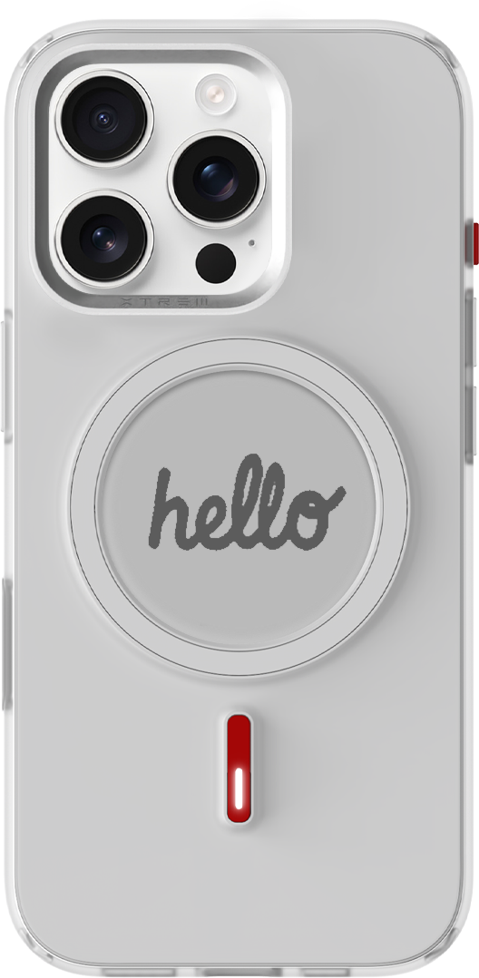Phone case with 'hello' text and a red accent on a white background