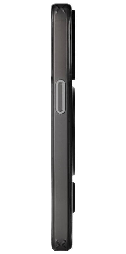 Side view of a black phone case on a white background