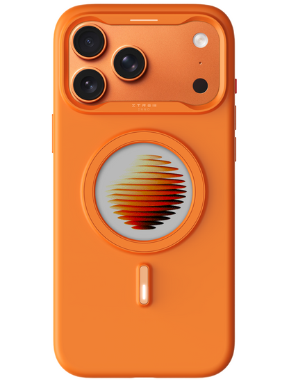 Orange phone case with a unique design on a white background