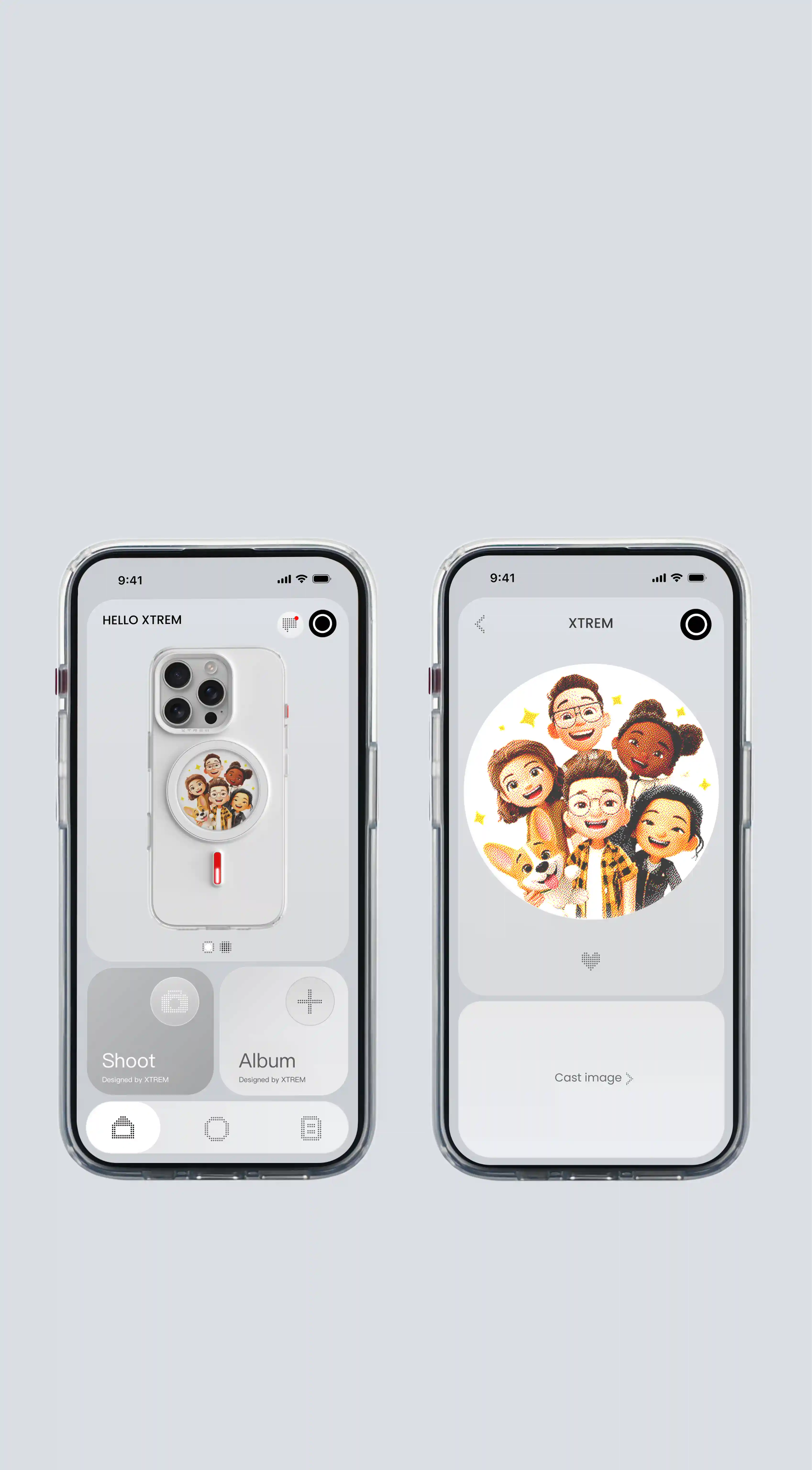 Two smartphones displaying a photo app interface with circular images of people on the screens.