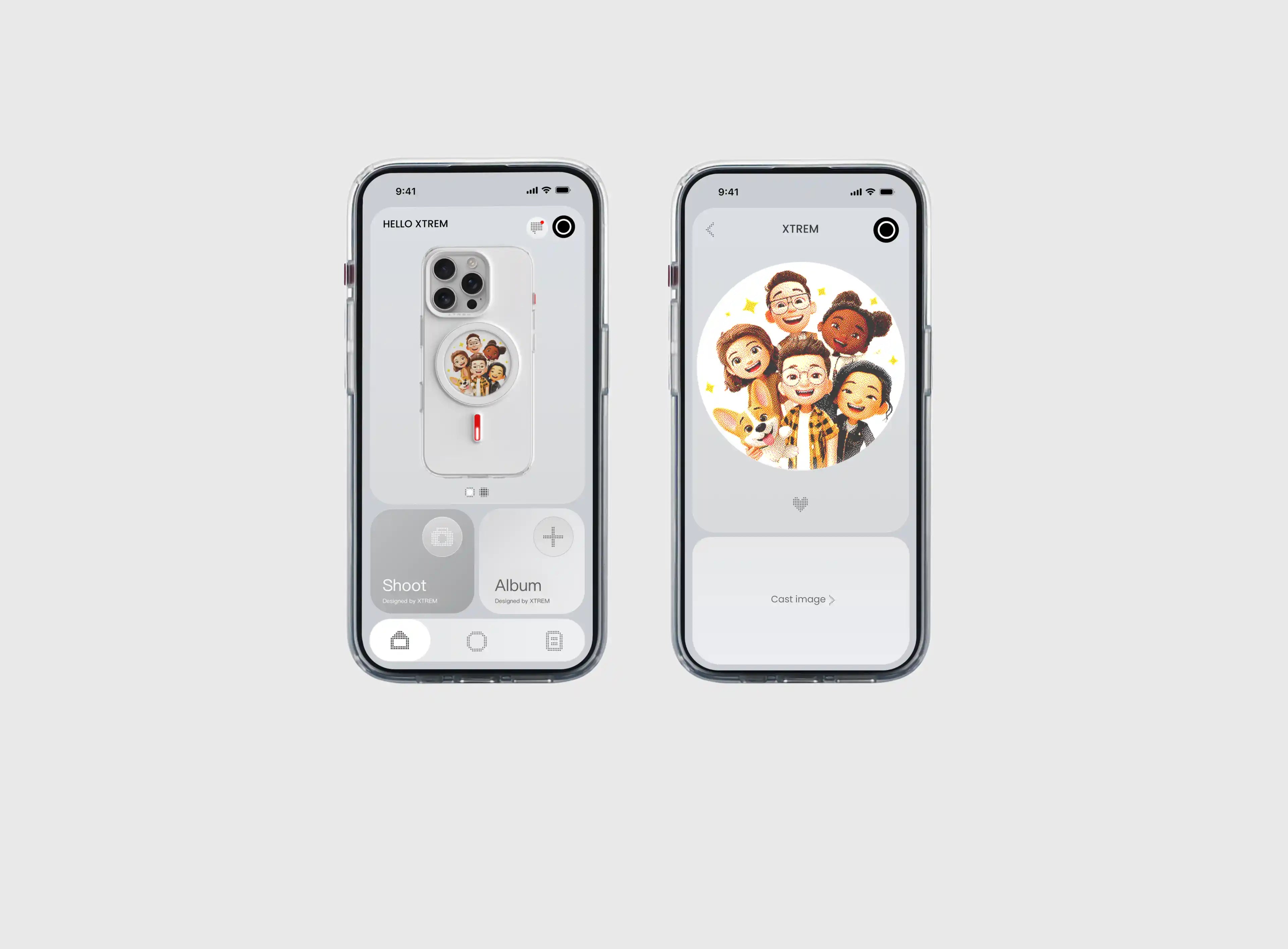 Two smartphones displaying photo album interfaces with images of people on a light gray background