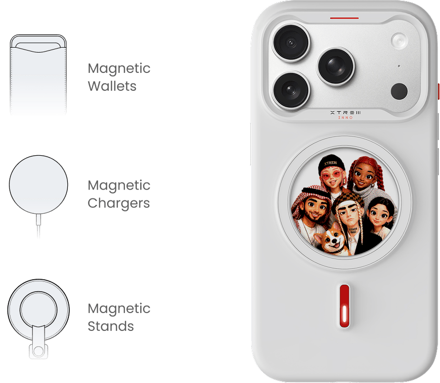 Magnetic wallets, chargers and stands alongside the XTREM case